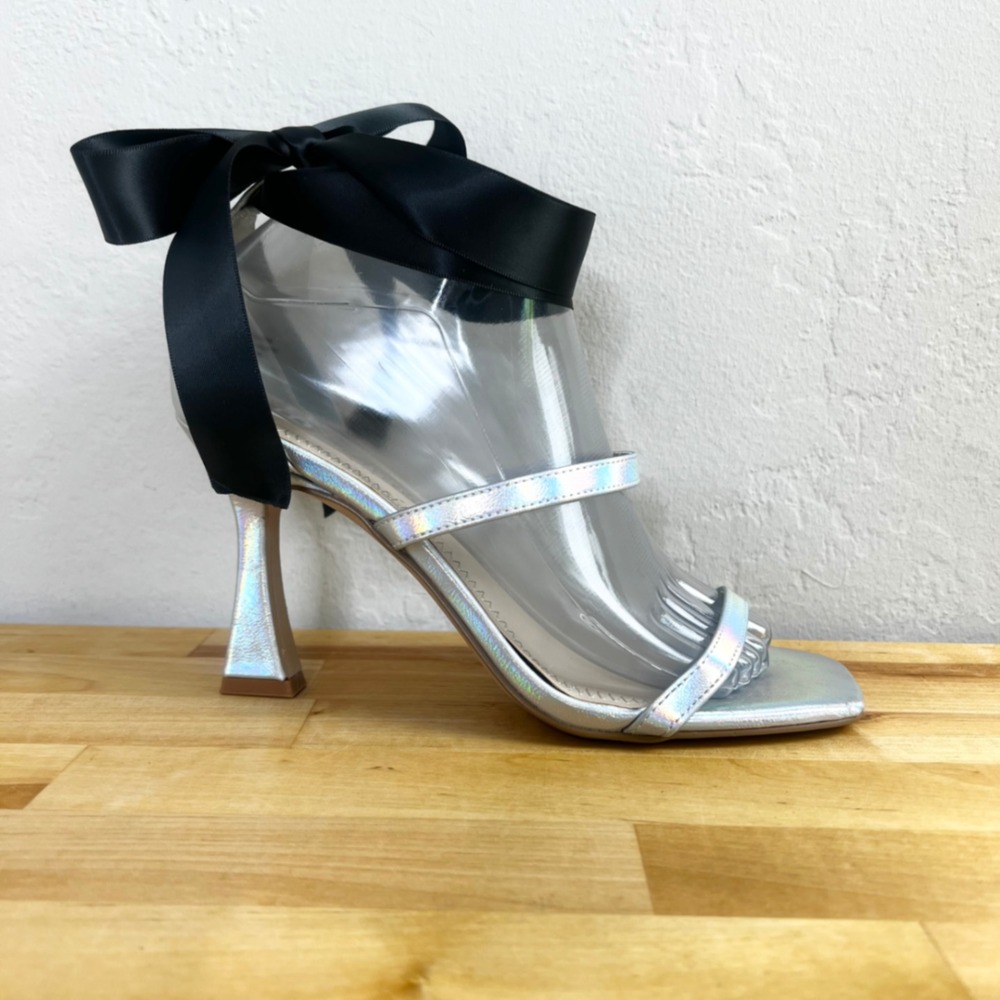 BP Silver Holographic Square Toe Bow Heels Ribbon Ankle Strap‎ Sandals Size 7.5